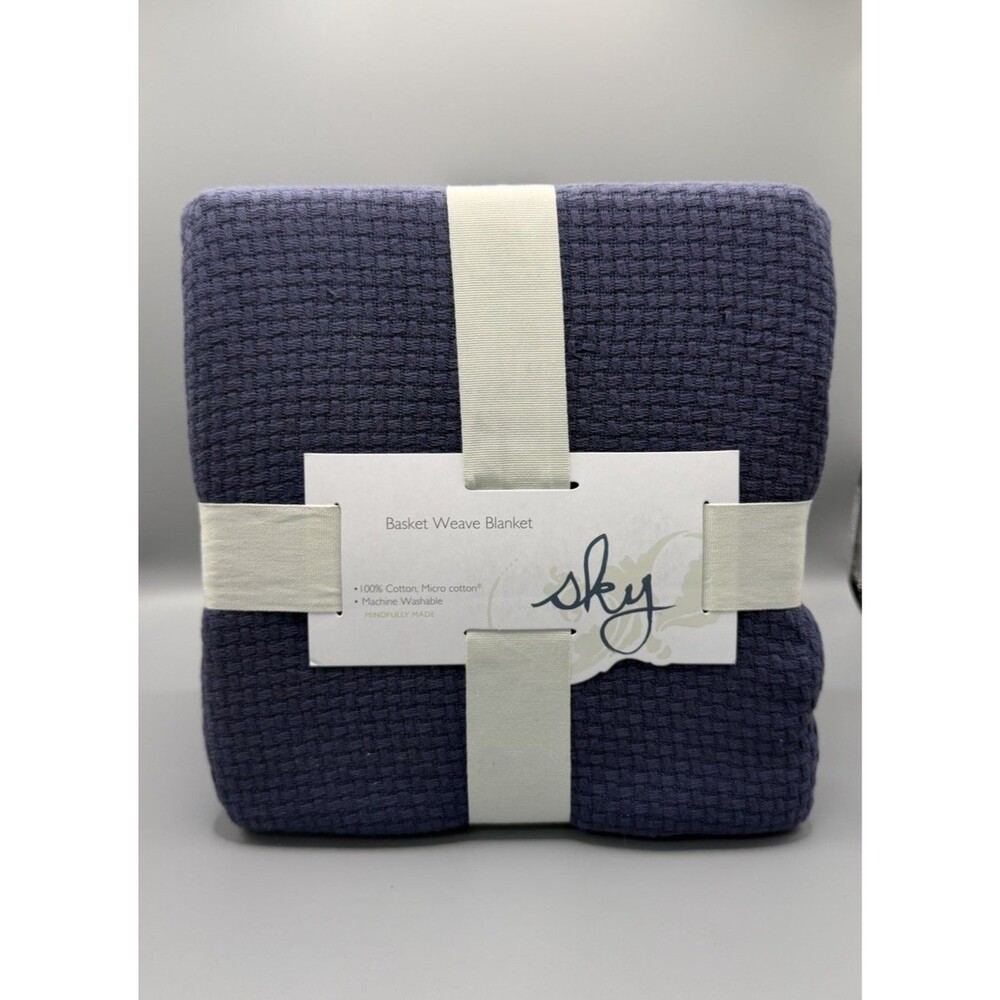 Sky Basket Weave 100% Cotton KING Bed Blanket Navy Blue New